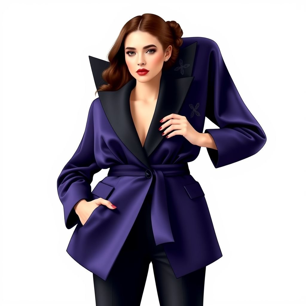 oversized casual blazer for women with open long sleeves
Design a striking oversized casual blazer for women, exuding elegance with a tailored structure. Incorporate open long sleeves that gracefully drape, creating a sophisticated silhouette. Use luxurious fabric like tuxedo satin in deep jewel tones, accented with subtle embroidery. Complete with a chic, fitted waist to enhance formality and poise.