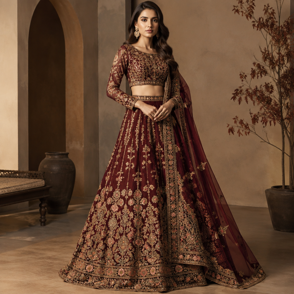 A Female Lehenga design, suitable for Fall, in Elegant style. Pakistan fashion aesthetics. Present it as professional fashion catalogue photography: the garment is the subject, shown full-length with editorial styling, neutral posing and tasteful, non-suggestive framing.
photorealistic fashion design, A Female Lehenga design, suitable for Fall, in Elegant style. Pakistan fashion aesthetics. Present it as professional fashion catalogue photography: the garment is the subject, shown full-length with editorial styling, neutral posing and tasteful, non-suggestive framing., elegant style, just the design no text