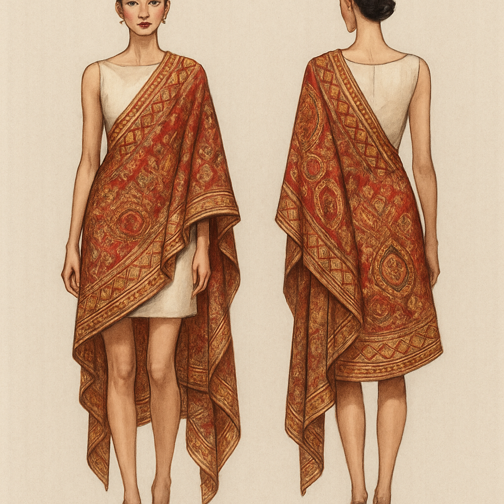 Indian shawl drapes on one shoulder with a short dress
Indian shawl drapes on one shoulder with a short dress, haute_couture style, show front and back