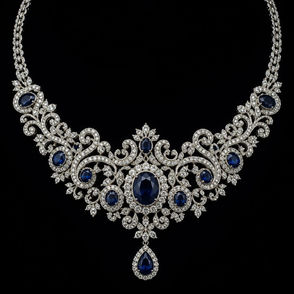 Sapphire & Diamond Necklace, Black Background, Product Photo
photorealistic fashion design, Sapphire & Diamond Necklace, Black Background, Product Photo, rococo style, just the design no text