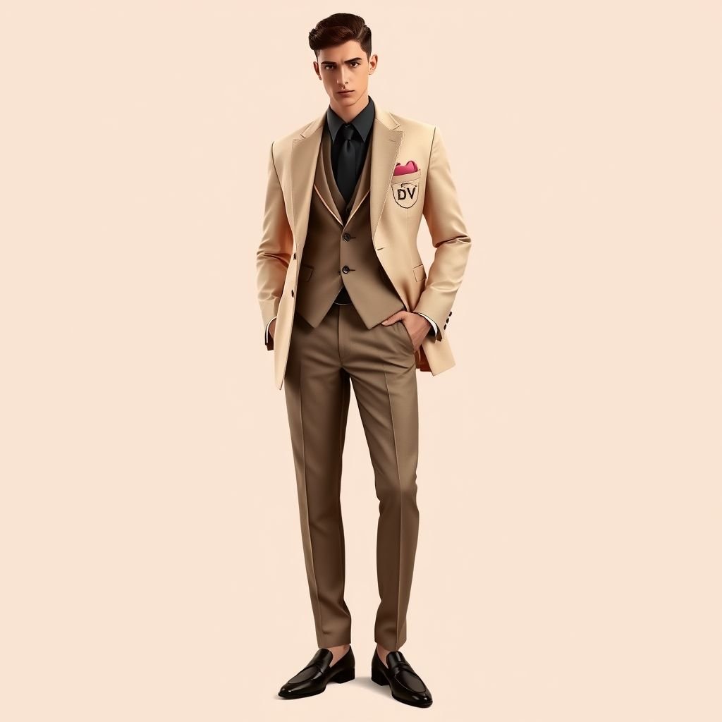 Egyptian style youthful men’s suit. Beige and pink. Put “DV” somewhere on it
Design an elegant Egyptian-inspired youthful men's suit, featuring a tailored silhouette in soft beige and delicate pink hues. Incorporate luxurious silk details and hieroglyphic patterns subtly woven into the fabric. Adorn the pocket with a tasteful embroidered "DV" crest. Complete the look with sleek loafers for a sophisticated finish.