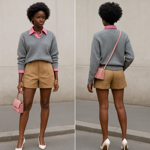 Black woman 
Pink collared blouse 
Tan shorts 
Grey sweater on
Pink purse
White heels 
Gold jewelry 

