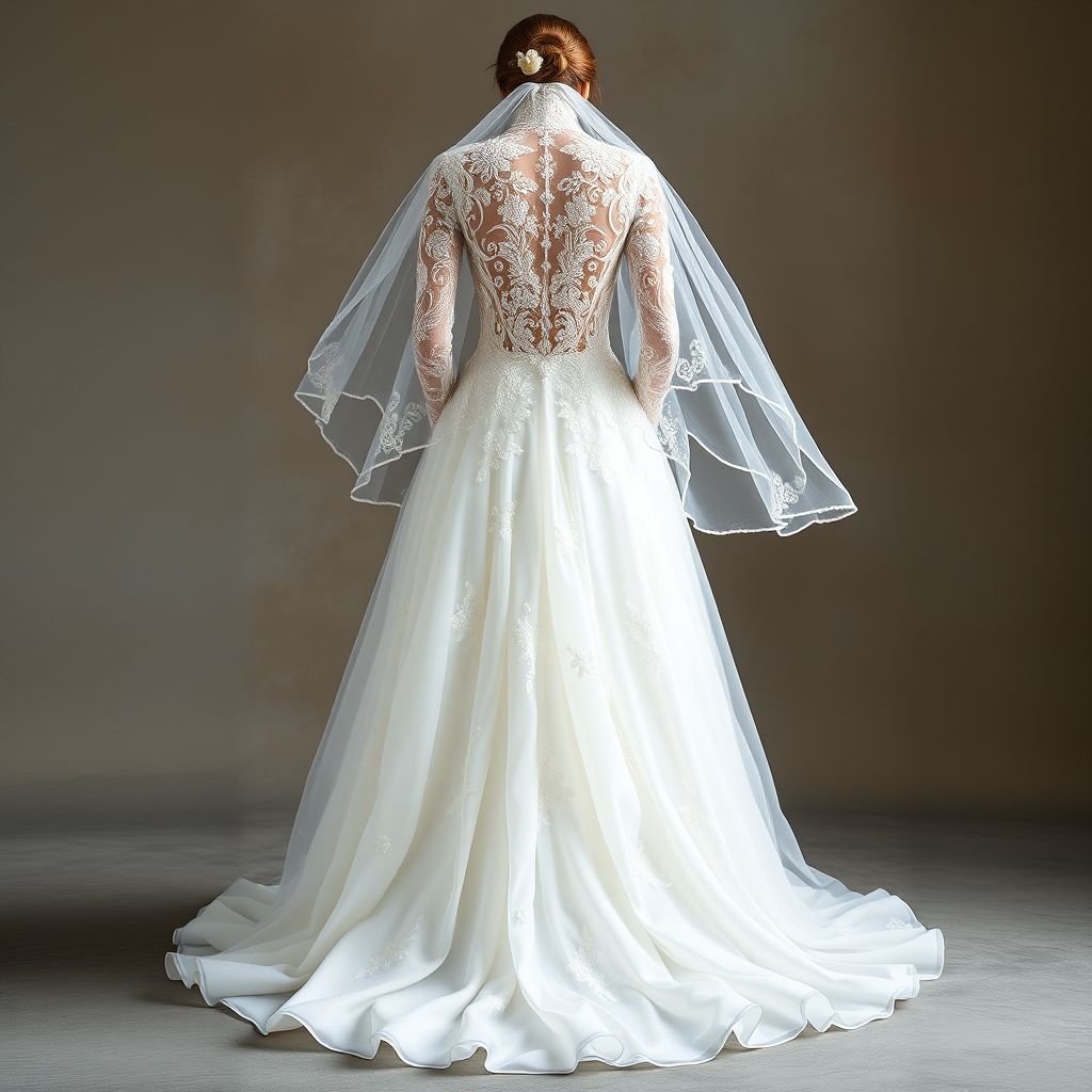 White wedding dress with long sleeves
Imagine a whimsical white wedding dress featuring intricate lace long sleeves, adorned with delicate floral embroidery and pearl beadwork. The voluminous skirt cascades with layers of silk organza, creating a romantic, ethereal silhouette. A delicate sheer cape flows gracefully down the back, enhancing the dreamlike quality for a fairy-tale bride.