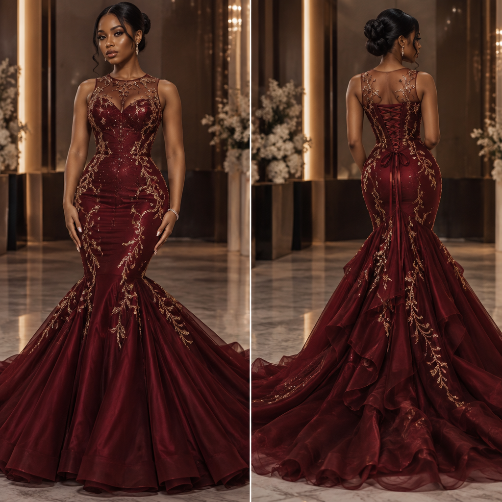 Design a luxurious, elegant dark burgundy-red prom dress for a graduation prom. The dress should look modern, glamorous and youthful — NOT like a princess gown and NOT like a wedding dress.
The silhouette must be a fitted mermaid gown. The upper part, waist, stomach and hips should be very fitted and structured, creating a sleek, defined silhouette. The front of the stomach should be completely covered by the fabric, with the dress fitted closely to the body.
From around the knees downward, the dress should dramatically flare out into a soft, fluffy and voluminous mermaid skirt. The volume should stay mainly at the bottom so it clearly looks like a mermaid dress, NOT a princess ball gown.
The entire dress should be a deep, dark burgundy red with beautiful, elegant gold details and subtle gold embellishments. The gold should look expensive and sophisticated, not overly sparkly.
The neckline should be modest and elegant. The breasts and cleavage must NOT be visible. The fabric should fully cover the bust, while the area slightly above the bust/around the shoulders can be visible in a tasteful way.
Do NOT add a separate shawl hanging behind the dress. Instead, create an elegant built-in draped train/detail at the back, attached naturally to the gown. The back should also have a lace-up corset closure with elegant strings, allowing the waist to be adjusted and tightened.
Make the dress look like a real high-end custom-made prom gown, not a fantasy princess costume.
The model should be a Black young woman, shown realistically and respectfully. Keep the focus on the dress rather than the model. Make the image zoomed in enough to clearly see the dress construction, fabric, gold details, fitted waist and dramatic mermaid bottom.
Overall aesthetic: luxurious graduation prom dress, deep burgundy red, gold detailing, fitted/snatch silhouette, covered bust, dramatic fluffy mermaid bottom, corset lace-up back, elegant built-in train, modern couture, realistic fashion photography.
photorealistic fashion design, Design a luxurious, elegant dark burgundy-red prom dress for a graduation prom. The dress should look modern, glamorous and youthful — NOT like a princess gown and NOT like a wedding dress.
The silhouette must be a fitted mermaid gown. The upper part, waist, stomach and hips should be very fitted and structured, creating a sleek, defined silhouette. The front of the stomach should be completely covered by the fabric, with the dress fitted closely to the body.
From around the knees downward, the dress should dramatically flare out into a soft, fluffy and voluminous mermaid skirt. The volume should stay mainly at the bottom so it clearly looks like a mermaid dress, NOT a princess ball gown.
The entire dress should be a deep, dark burgundy red with beautiful, elegant gold details and subtle gold embellishments. The gold should look expensive and sophisticated, not overly sparkly.
The neckline should be modest and elegant. The breasts and cleavage must NOT be visible. The fabric should fully cover the bust, while the area slightly above the bust/around the shoulders can be visible in a tasteful way.
Do NOT add a separate shawl hanging behind the dress. Instead, create an elegant built-in draped train/detail at the back, attached naturally to the gown. The back should also have a lace-up corset closure with elegant strings, allowing the waist to be adjusted and tightened.
Make the dress look like a real high-end custom-made prom gown, not a fantasy princess costume.
The model should be a Black young woman, shown realistically and respectfully. Keep the focus on the dress rather than the model. Make the image zoomed in enough to clearly see the dress construction, fabric, gold details, fitted waist and dramatic mermaid bottom.
Overall aesthetic: luxurious graduation prom dress, deep burgundy red, gold detailing, fitted/snatch silhouette, covered bust, dramatic fluffy mermaid bottom, corset lace-up back, elegant built-in train, modern couture, realistic fashion photography., haute_couture style, just the design no text, show front and back