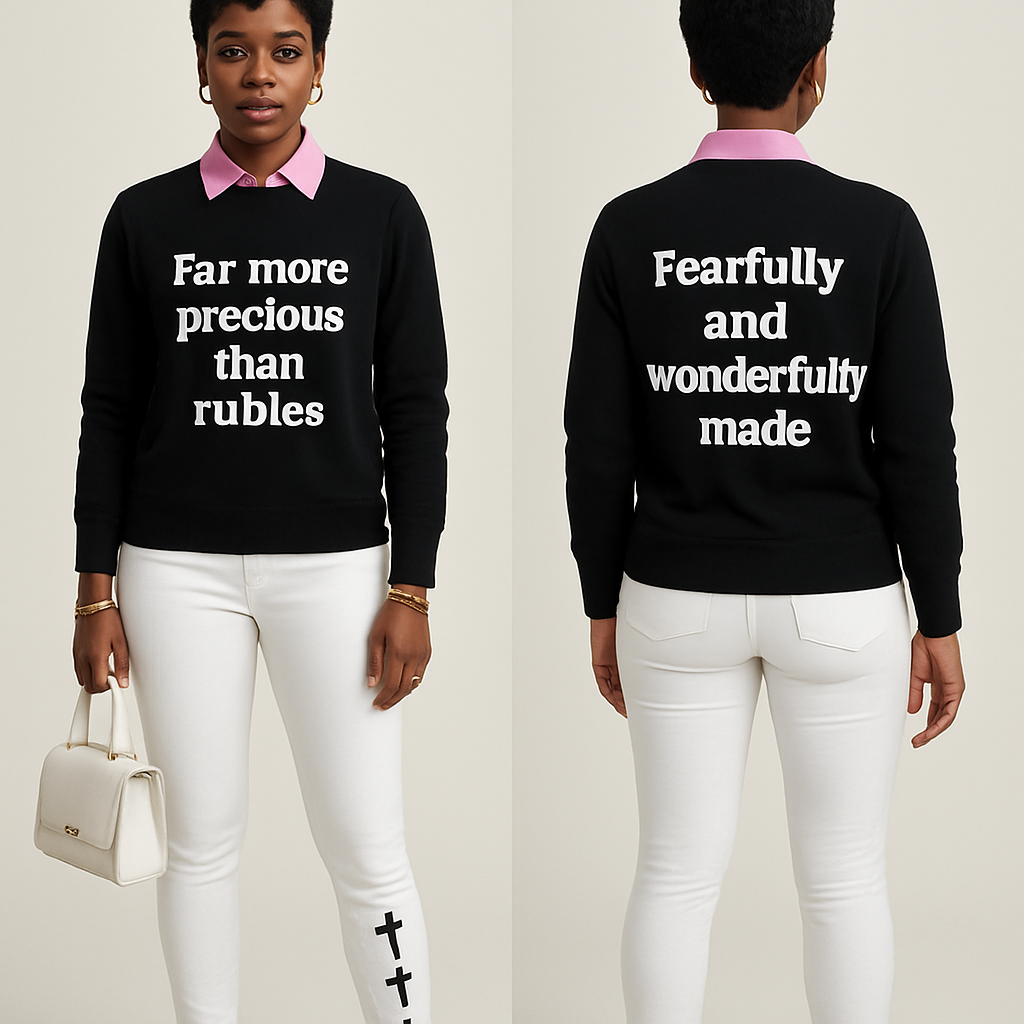 Black woman
Pixie cut
Pink collared shirt
Black sweater shirt says far more precious than rubies in white
On the back it says fearfully and wonderfully made in white
Tight White pants with 3 black crosses on them
Pink heels
White purse
Gold jewelry
Black woman
Pixie cut
Pink collared shirt
Black sweater shirt says far more precious than rubies in white
On the back it says fearfully and wonderfully made in white
Tight White pants with 3 black crosses on them
Pink heels
White purse
Gold jewelry
, show front and back