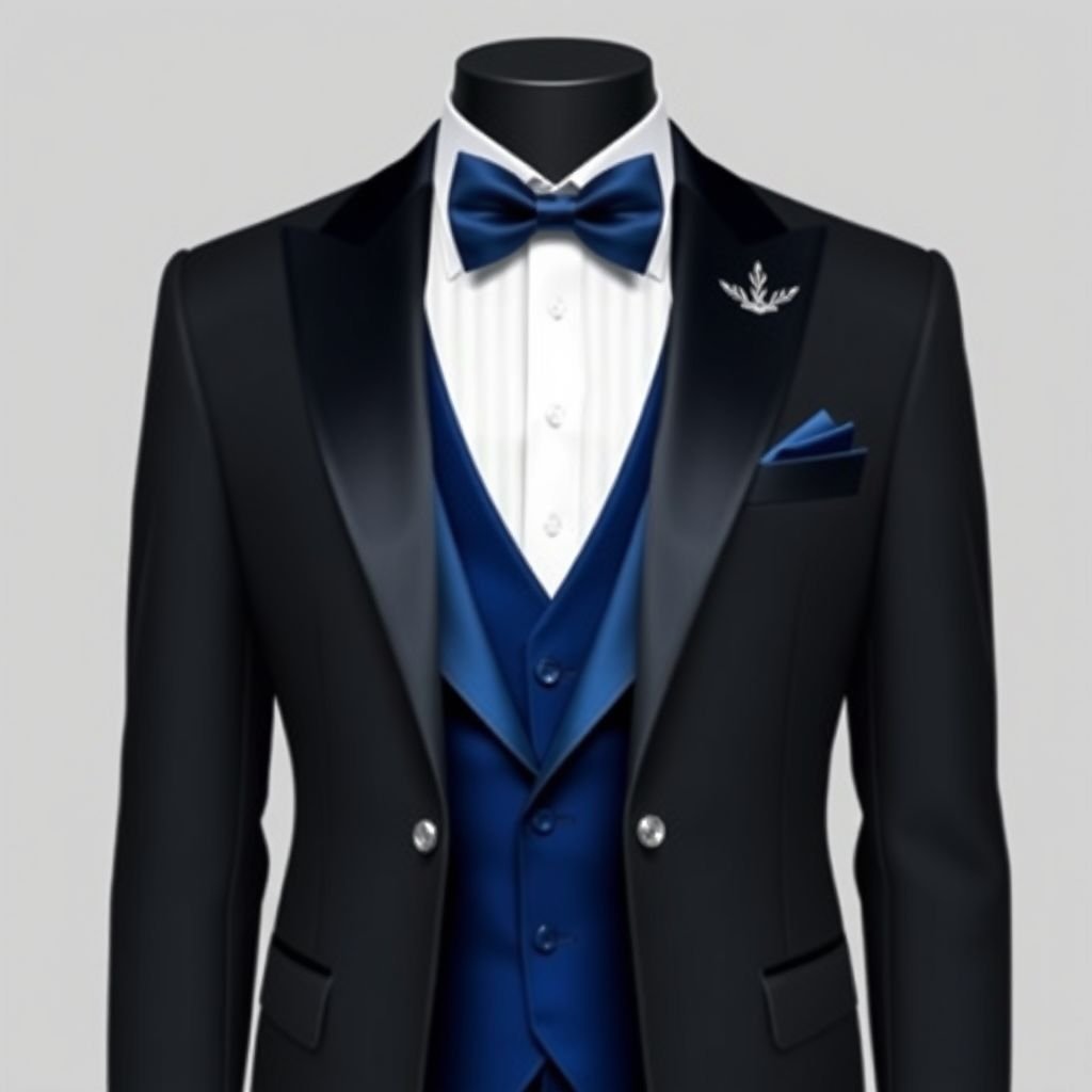 dark Grey wedding tuxedo jacket with a deep sapphire blue vestand tie and white shirt
Design a modern wedding ensemble featuring a dark grey tuxedo jacket, tailored to perfection. Pair it with a deep sapphire blue vest, exuding elegance and sophistication, complemented by a matching tie. Underneath, a crisp white shirt adds a classic touch, while intricate silver accents on the jacket elevate the look.