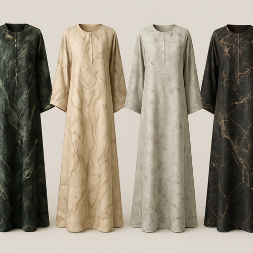 Create a modest boubou, the first of its kind, featuring a unique stone design that exudes a classy and sophisticated vibe. I'd like four designs, each showcasing different styles and fabrics. Incorporate high-end, unique chic stone designs to make them truly special. Add little sophisticated stone designs.