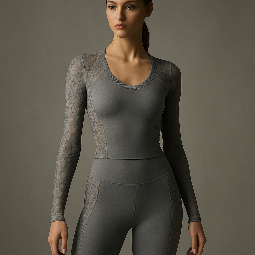 Luxury grey pearl activewear outfit made of high-performance sculpting material with refined lace details along the sleeves, sides, and neckline. Combination of elegance and motion. Studio neutral background, cinematic lighting, focus on texture contrast (mat vs transparent), ultra-detailed 8K fabric rendering, sporty yet couture aesthetic, Lauren Secret Collection.
Luxury grey pearl activewear outfit made of high-performance sculpting material with refined lace details along the sleeves, sides, and neckline. Combination of elegance and motion. Studio neutral background, cinematic lighting, focus on texture contrast (mat vs transparent), ultra-detailed 8K fabric rendering, sporty yet couture aesthetic, Lauren Secret Collection.