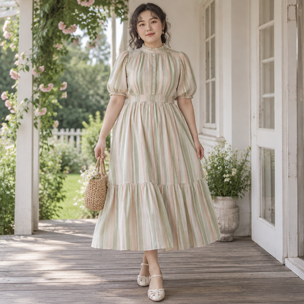 A Female Dress design, with a light, flowing drape, with an A-Line silhouette, with modest, full coverage: longer hemlines, higher necklines and covered shoulders, in a Pastels color palette, for Casual, suitable for Summer, suited to a Tropical climate, in Cottagecore + Striped style, shown on a model with a curvy figure. Japan fashion aesthetics. Present it as professional fashion catalogue photography: the garment is the subject, shown full-length with editorial styling, neutral posing and tasteful, non-suggestive framing.
photorealistic fashion design, A Female Dress design, with a light, flowing drape, with an A-Line silhouette, with modest, full coverage: longer hemlines, higher necklines and covered shoulders, in a Pastels color palette, for Casual, suitable for Summer, suited to a Tropical climate, in Cottagecore + Striped style, shown on a model with a curvy figure. Japan fashion aesthetics. Present it as professional fashion catalogue photography: the garment is the subject, shown full-length with editorial styling, neutral posing and tasteful, non-suggestive framing., cottagecore style, just the design no text