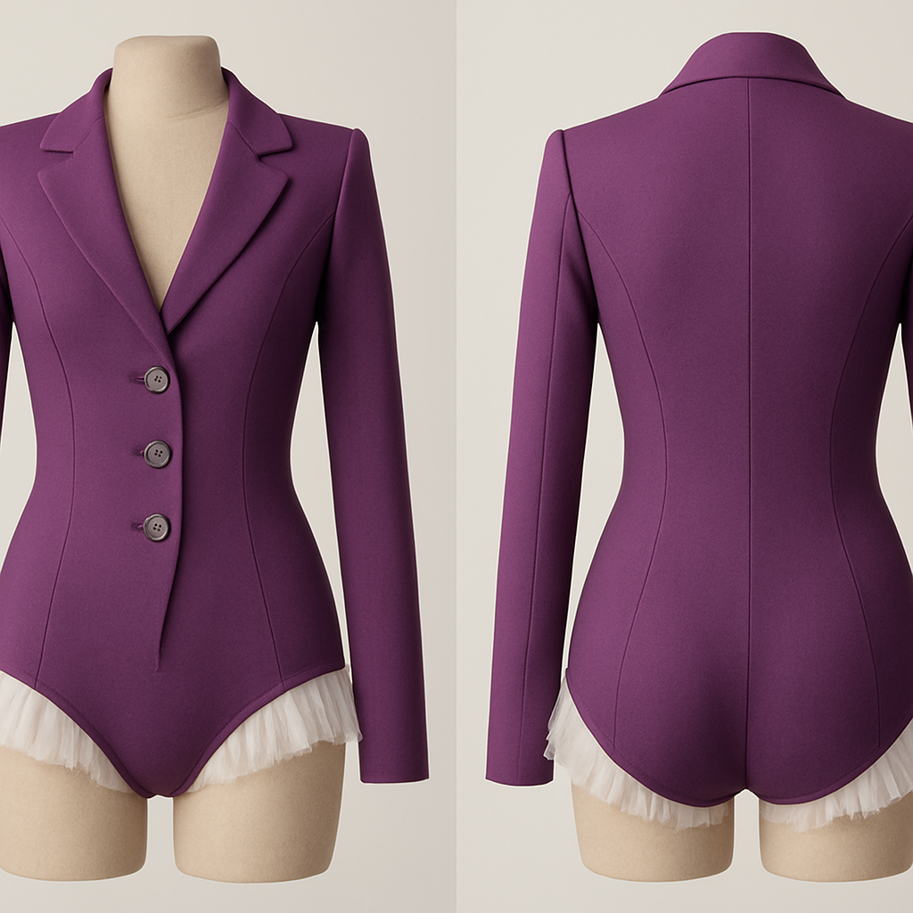 A leotard that is basically a tailored suit for women in purple with gray buttons and a white tulle tip at the bottom of the leotard, but relatively short.
A leotard that is basically a tailored suit for women in purple with gray buttons and a white tulle tip at the bottom of the leotard, but relatively short., show front and back