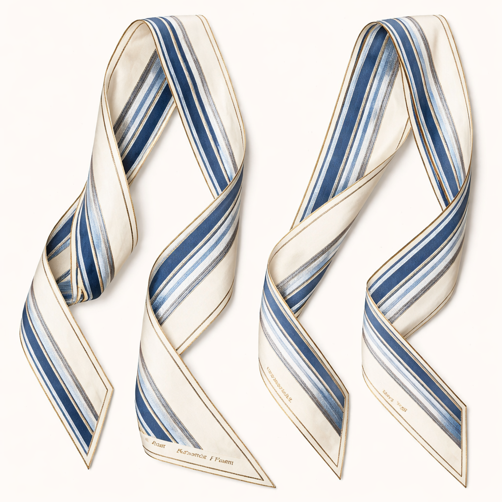 Design a 5cm x 86cm silk twill scarf for Jolie Franc, combining American preppy structure, British tailoring, and a feminine touch. This scarf is for night-time wear. Feature narrow, refined stripes in navy and slate blue, softened in scale for elegance. Along the edges, add subtle metallic gold highlights woven or painted in a painterly Impressionist style to catch evening light. Base: warm ivory or cream. Include a thin framed border and hand-rolled edges. Sophisticated, timeless, and instantly recognizable when styled on a Kelly bag handle or worn for refined evening occasions.
Design a 5cm x 86cm silk twill scarf for Jolie Franc, combining American preppy structure, British tailoring, and a feminine touch. This scarf is for night-time wear. Feature narrow, refined stripes in navy and slate blue, softened in scale for elegance. Along the edges, add subtle metallic gold highlights woven or painted in a painterly Impressionist style to catch evening light. Base: warm ivory or cream. Include a thin framed border and hand-rolled edges. Sophisticated, timeless, and instantly recognizable when styled on a Kelly bag handle or worn for refined evening occasions., classic style, show front and back