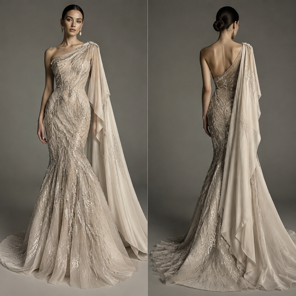 couture mermaid gown dengan asymmetric draped cape.
photorealistic fashion design, couture mermaid gown dengan asymmetric draped cape. , just the design no text