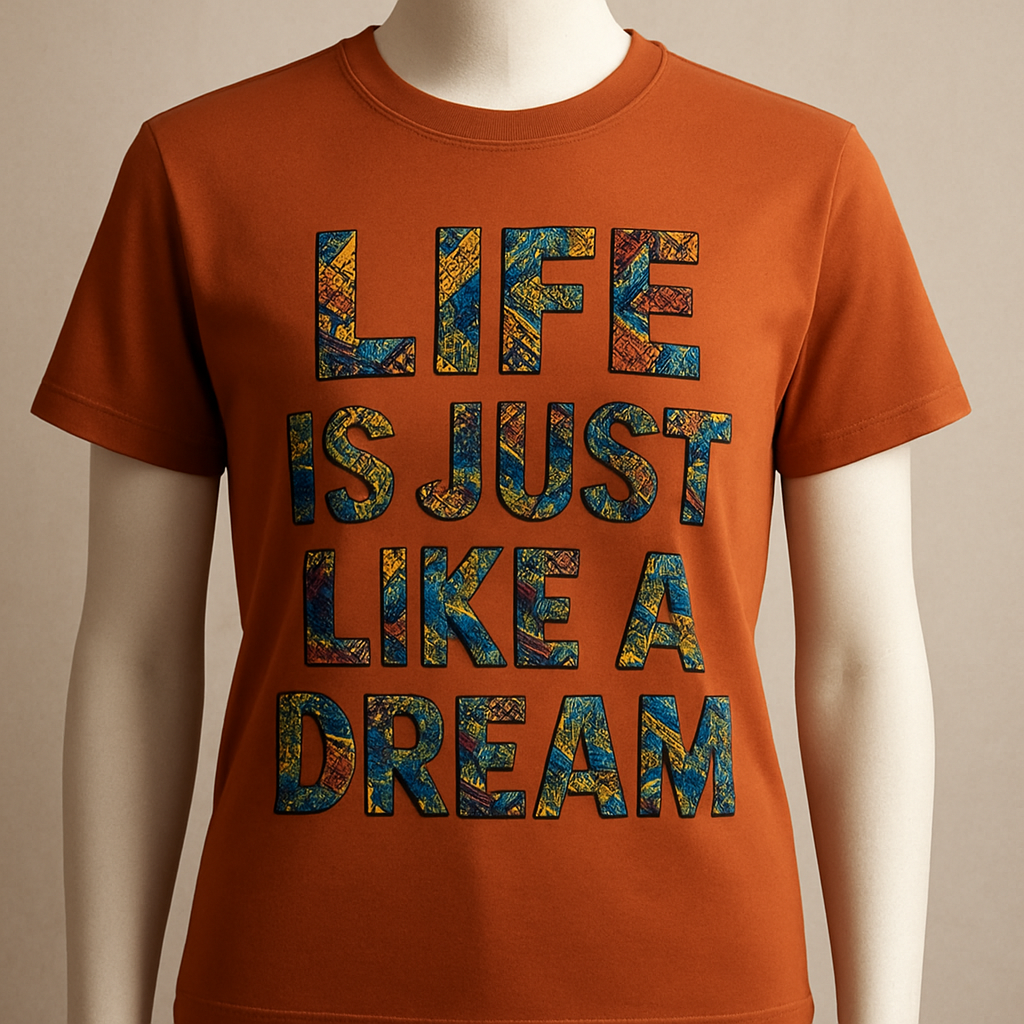 A one of a kind beautiful different plain color T -shirt that stands out, which will have written words on it with Ankara fabrics such as “life is just like a dream” front and back pose on a mannequin. 

A one of a kind beautiful different plain color T -shirt that stands out, which will have written words on it with Ankara fabrics such as “life is just like a dream” front and back pose on a mannequin. , classic style
