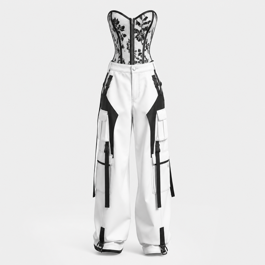 pantalon cargo blanc noir avec au corsé fleurie. France fashion aesthetics.
photorealistic fashion design, pantalon cargo blanc noir avec au corsé fleurie. France fashion aesthetics., just the design no text