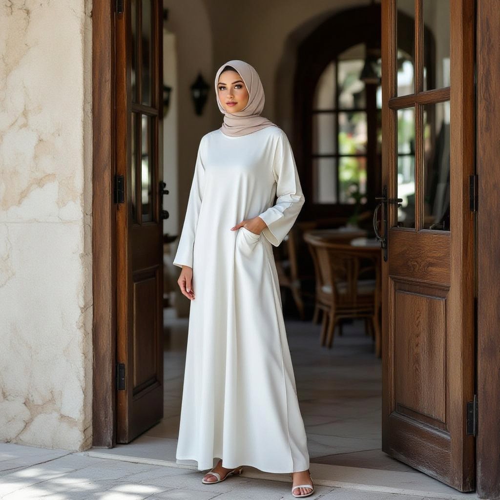 A-Line Abaya Design (Minimalist Edition) • Cut: • Full-length A-Line silhouette flowing luxuriously from shoulder to floor. • Very clean cut with sharp lines to highlight the refined, elegant character. • Fabric: • Mikado Silk or Heavy Double Crepe — luxurious fabrics with weight and smooth texture that hold the abaya’s shape beautifully. • Recommended colors: Jet Black for evening haute couture looks, or Ivory/Off-White for daytime elegance and classic luxury. • Collar / Neckline: • Straight slim blazer lapel for a modern tailored look. • Or a minimalist high collar for a regal, elevated impression. • Sleeves: • Straight sleeves with sharp structured cuffs. • Optional: Slightly flared sleeves for a dramatic haute couture flair. • Details: • Completely plain with no embroidery or patterns — all focus on the cut and the fabric. • Optional front slit or long side slit to create graceful movement when walking. • Single fabric-covered button or hidden inner closure for a sleek, polished finish. • Back Design: • Entirely plain with a small center slit at the back hem, reinforcing the blazer aesthetic and ensuring ease of movement. ⸻ ✨ Result: An A-Line abaya with a haute couture minimalist aesthetic, free of embroidery, relying solely on luxurious fabric and precision tailoring. It delivers a powerful, regal, and refined presence — perfect for high-end evening events or exclusive formal occasions.
Casual fashion: Simple A-line abaya. Cotton fabric. Plain. Full length. Relaxed fit. Comfortable.