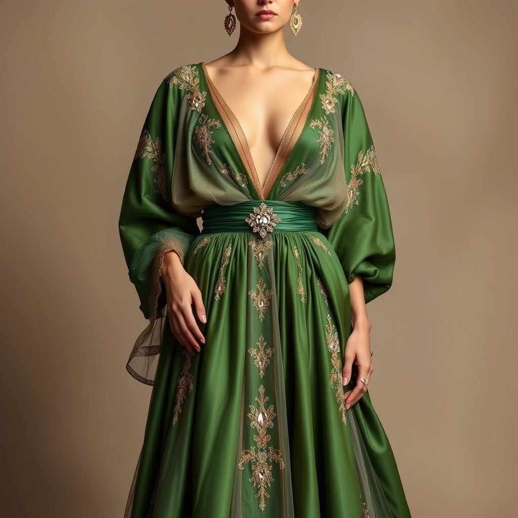 Create a woman’s kaftan that would wow. Add layers of fabric to create a big skirt but also add structure by ruching the waist. Give it a low neckline, and a monochrome hunter green color. Add details of ruched tulle and an accent of 6 inches ab crystals on a gold and green base to create a luxurious detail to the dress. The base fabric is duchess satin in hunter green
Design an enchanting haute couture kaftan for women, crafted from sumptuous hunter green duchess satin. The voluminous skirt, enhanced with cascading layers, contrasts with a structured, ruched waist. A daring low neckline frames the face, while delicate ruched tulle and six-inch crystal accents shimmer against a rich gold and green base, exuding opulence.