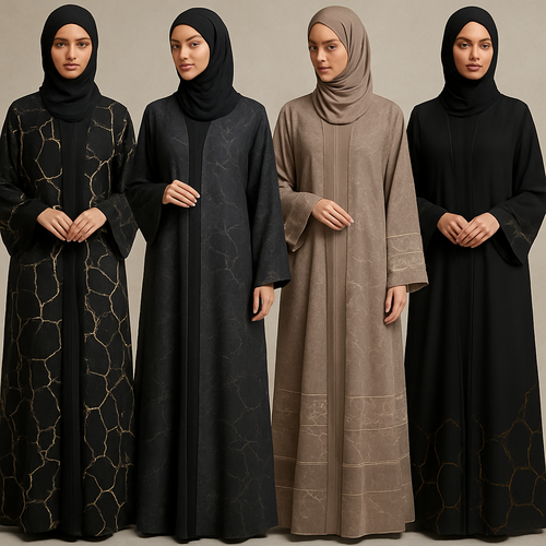 Create a modest abaya that's the first of its kind, featuring a unique stone design that exudes a classy and sophisticated vibe. I'd like four designs, each showcasing different styles and fabrics.
Incorporate high-end, unique chic stone designs to make them truly special. Add little sophisticated stone design.