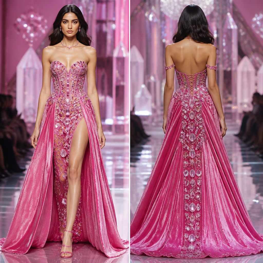 A Female fashion design, made of Velvet, for Party, in Barbiecore + Y2K + Glamorous style. Create a high stylish fashion trend runway dress made of different unquie crystals it should look like luxury on indian ai model. India fashion aesthetics.
photorealistic fashion design, A Female fashion design, made of Velvet, for Party, in Barbiecore + Y2K + Glamorous style. Create a high stylish fashion trend runway dress made of different unquie crystals it should look like luxury on indian ai model. India fashion aesthetics., barbiecore style, just the design no text, show front and back