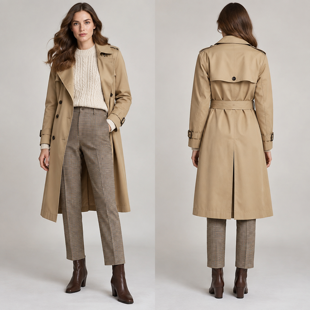 A British woman with brown hair wears a fine knitted wool sweater and beige houndstooth pants with a tan Trenchcoat and brown ankle boots
photorealistic fashion design, A British woman with brown hair wears a fine knitted wool sweater and beige houndstooth pants with a tan Trenchcoat and brown ankle boots , british style, just the design no text, show front and back