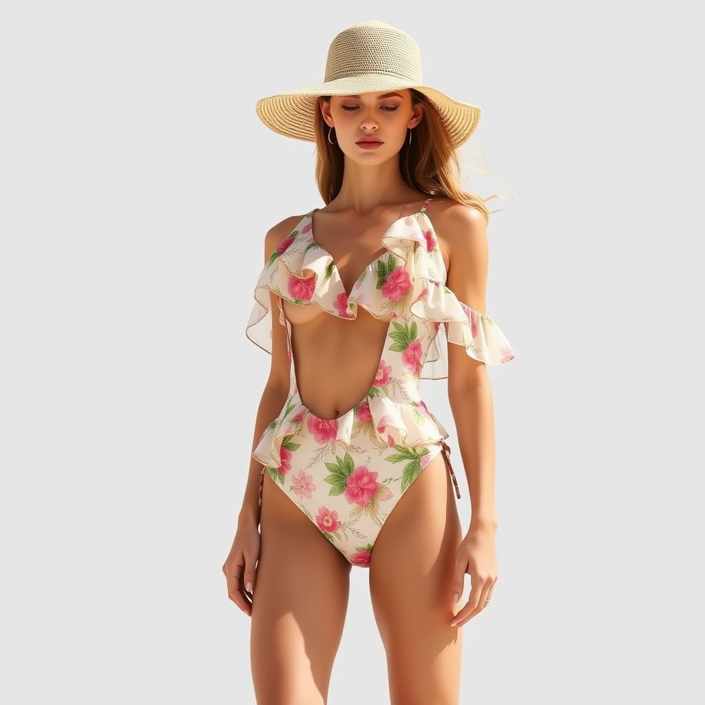בגד ים בסגנון של צימרמן
Design a vibrant summer swimsuit inspired by Zimmermann, featuring flowing ruffles and intricate floral patterns. Incorporate lightweight, breathable fabrics in bright pastel hues and soft earth tones. Add playful detailing like sheer overlays and side cutouts, perfect for beach lounging or poolside parties, embodying the essence of carefree summer vibes.