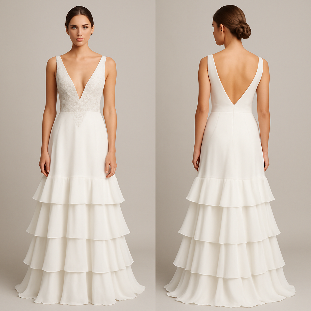 Low cut evening dress. White with white beading embroidery in the middle part and a tiered ruffle long maxi skirt
Low cut evening dress. White with white beading embroidery in the middle part and a tiered ruffle long maxi skirt , glamorous style, show front and back