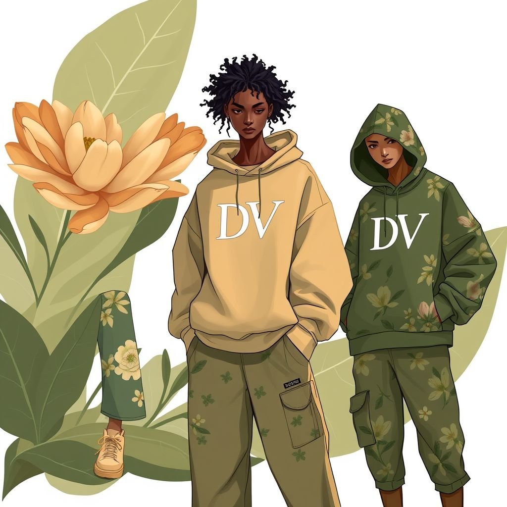Body lotion with the name “Da’Vine” on it. With DV on it. Shape the bottle as a flower
Design a unisex fashion collection inspired by the "Da’Vine" body lotion. Imagine fluid silhouettes that mimic the soft curves of a flower, featuring DV-emblazoned streetwear pieces in earthy tones. Utilize eco-friendly fabrics, incorporating floral prints and unstructured shapes, to reflect the harmonious blend of nature and modern style for all.