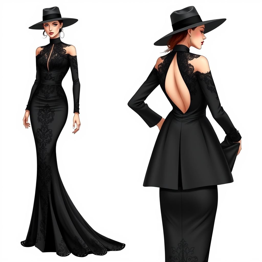 I Wanne have a Long dress thats slim to the Body. The Should be a mix between a elegant dress and a suit in black. Therme Should be a lot of spitze. The women Should have a hat and she Should wear a jacket
Design a figure-hugging, floor-length dress that seamlessly blends elegance with tailored sophistication. Crafted from luxurious black fabric adorned with intricate lace details, the dress features a high collar and a plunging back. Pair it with a stylish tailored jacket, cinched at the waist, and a wide-brimmed hat to exude confidence and allure.
