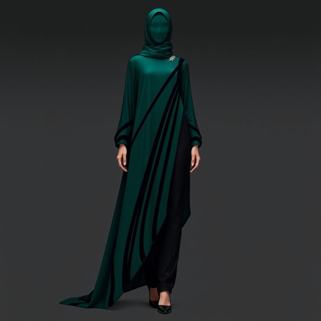 Dark green with black stripes abaya and trouser
Envision an avant-garde abaya featuring a deep forest green base adorned with bold, asymmetrical black stripes that cascade elegantly down its silhouette. The flowing garment is complemented by tailored black trousers, merging traditional elegance with contemporary flair. Accents of silver embroidery add a touch of opulence, perfect for a modern twist.