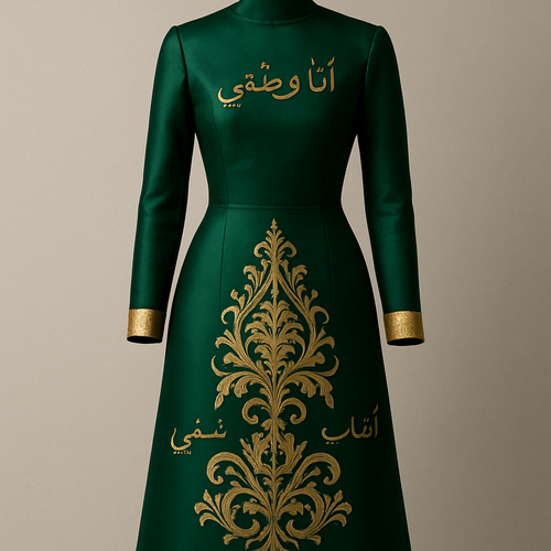Embellishments: Features the mo "أنا وطني" and other texts embroidered with exquisite gold threadwork (Zari) on the chest and skirt.

Motif: The central pattern is rendered in intricate gold brocade or heavy hand-embroidery (Talli/Nakshi), reflecting traditional craftsmanship.

Details: Voluminous, long sleeves with gold-trimmed cuffs, and a modest neckline. The design fuses a modern modest silhouette with deep Saudi heritage using luxurious fabrics and royal gold accents.
