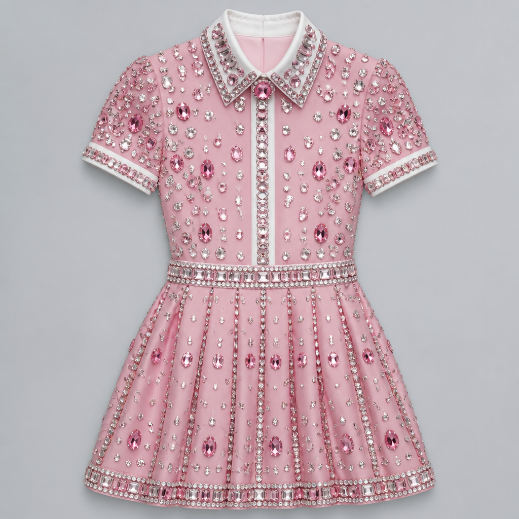 Pink with toons of crystals
photorealistic fashion design, Pink with toons of crystals , preppy style, just the design no text