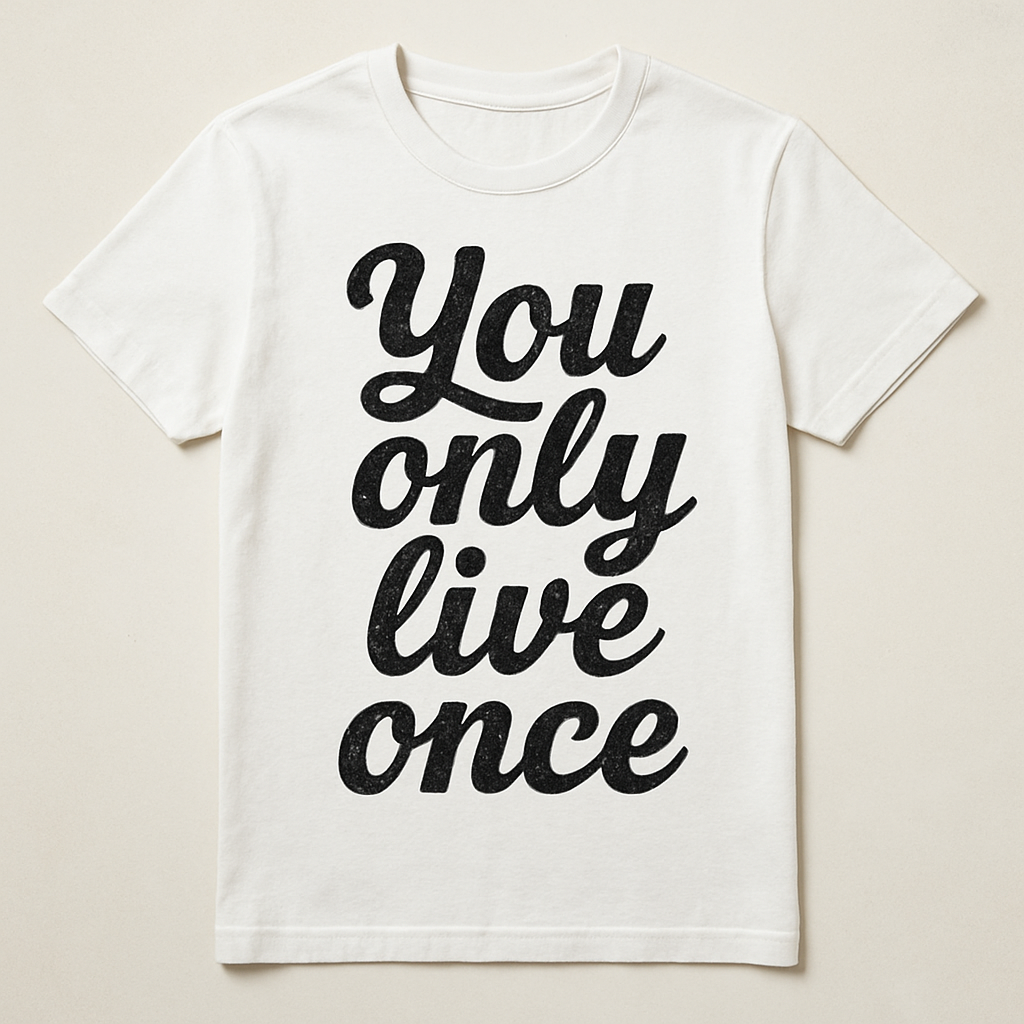 One of a kind T shirt with words written on it saying You only live once

One of a kind T shirt with words written on it saying You only live once