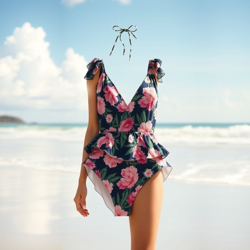 בגד ים בסגנון של צימרמן
Design a stunning swimsuit inspired by Zimmermann's elegant aesthetic, featuring intricate floral patterns and flowing fabric that captures the essence of summer. Think vibrant colors, playful cutouts, and layered textures that evoke a sense of carefree beach days. Incorporate light, breathable materials perfect for sun-soaked adventures by the ocean.