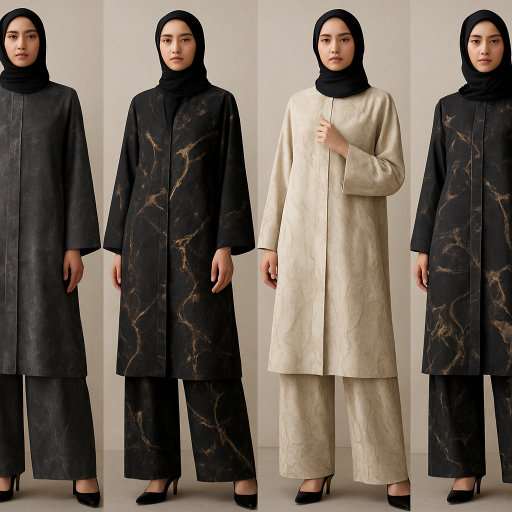 Create a modest abaya and loose pant, first of its kind, featuring a unique stone design that exudes a classy and sophisticated vibe. I'd like four designs, each showcasing different styles and fabrics. Incorporate high-end, unique chic stone designs to make them truly special. Add little sophisticated stone designs. Make it irresistible with designs that stands out.

Create a modest abaya and loose pant, first of its kind, featuring a unique stone design that exudes a classy and sophisticated vibe. I'd like four designs, each showcasing different styles and fabrics. Incorporate high-end, unique chic stone designs to make them truly special. Add little sophisticated stone designs. Make it irresistible with designs that stands out.