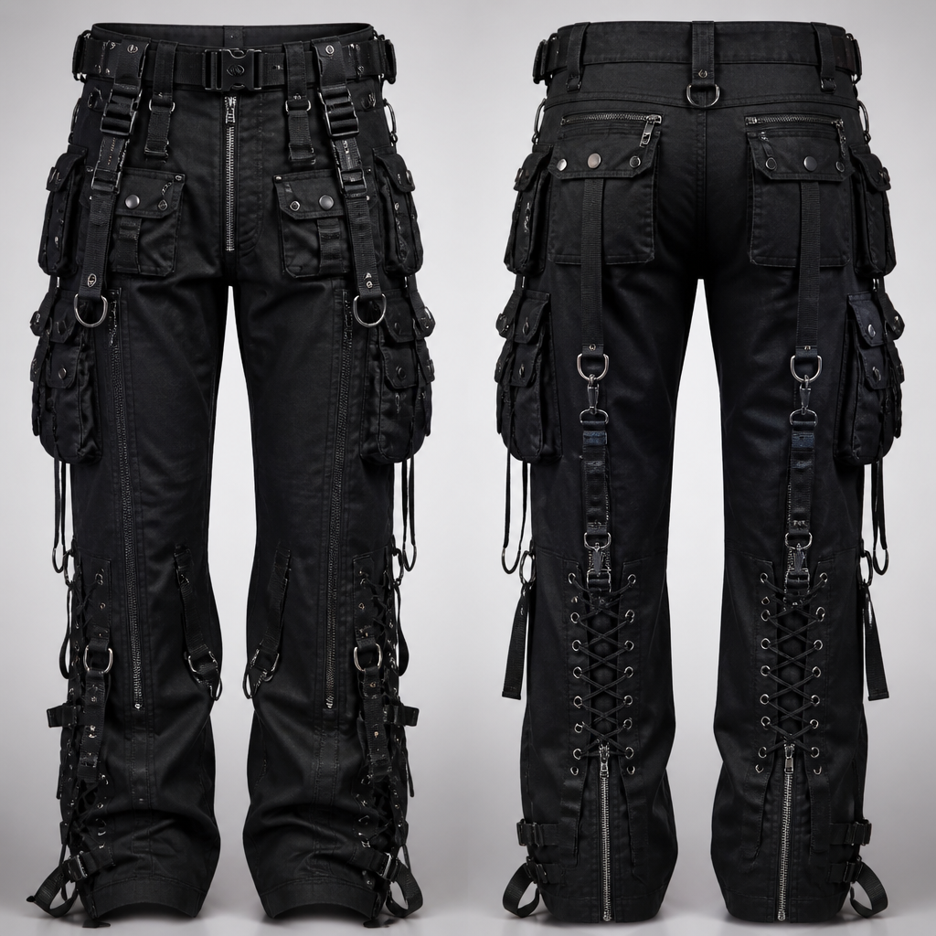 A Unisex Pants design, in Y2K style. Gothic pants made with Kevlar and not like weapon four front pockets two back pockets plenty of cargo pockets lots of change and d-rings hanging off of them with zippers down the front and the back of the leg with a corset design on the hill snap buckle in the front with heavy duty adjustment on both hips at the beltline
photorealistic fashion design, A Unisex Pants design, in Y2K style. Gothic pants made with Kevlar and not like weapon four front pockets two back pockets plenty of cargo pockets lots of change and d-rings hanging off of them with zippers down the front and the back of the leg with a corset design on the hill snap buckle in the front with heavy duty adjustment on both hips at the beltline, y2k style, just the design no text