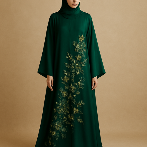Create me an abaya based on these descriptions.             The Emerald Garden Abaya
Tone: Rich Emerald Green
Design:
Couture floral appliqués in emerald and gold, softly arranged diagonally from waist to hem.
Embellishment:
Hand-set gold crystals and glass beads woven within the flowers.
Vibe:
Regal, graceful, soft shine.
Make four designs in rich colors 