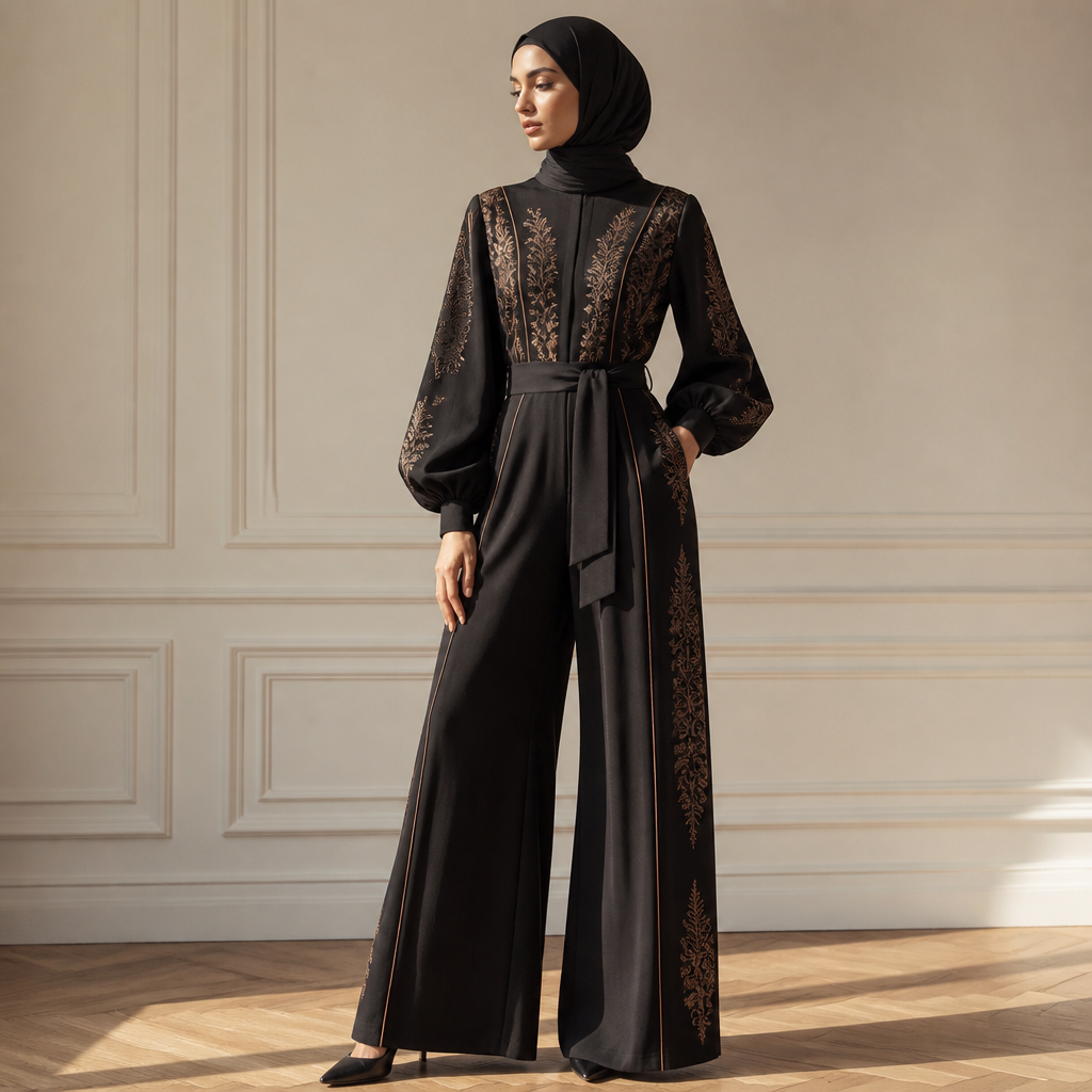 photorealistic fashion design, A Jumpsuit design, in Parisian style. Morocco fashion aesthetics., parisian style, just the design no text. Refinement: Hijab et les couleurs fonçait
photorealistic fashion design, photorealistic fashion design, A Jumpsuit design, in Parisian style. Morocco fashion aesthetics., parisian style, just the design no text. Refinement: Hijab et les couleurs fonçait , just the design no text
