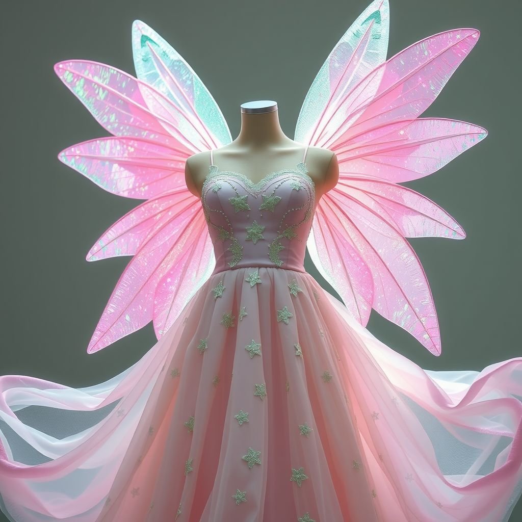 The pink and green wings will be shiny and glittery, the wings will be so beautiful that they will dazzle, and her dress will be baby pink and light green, the green sides will be very glittery, and the pink sides will be shiny
Imagine a whimsical ensemble where ethereal pink and green wings shimmer with iridescent glitter, casting a captivating glow. The dress flows like silk in a soft baby pink adorned with delicate light green embellishments. Intricate sequins dance along the edges, while a fitted bodice enhances the figure, radiating enchantment and elegance.