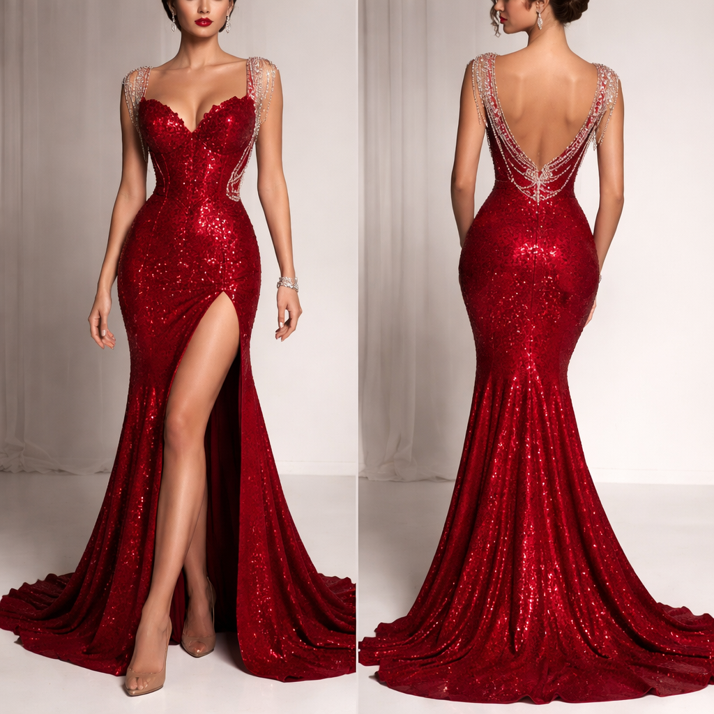 A party dress in red color
A party dress in red color
, luxury style, show front and back