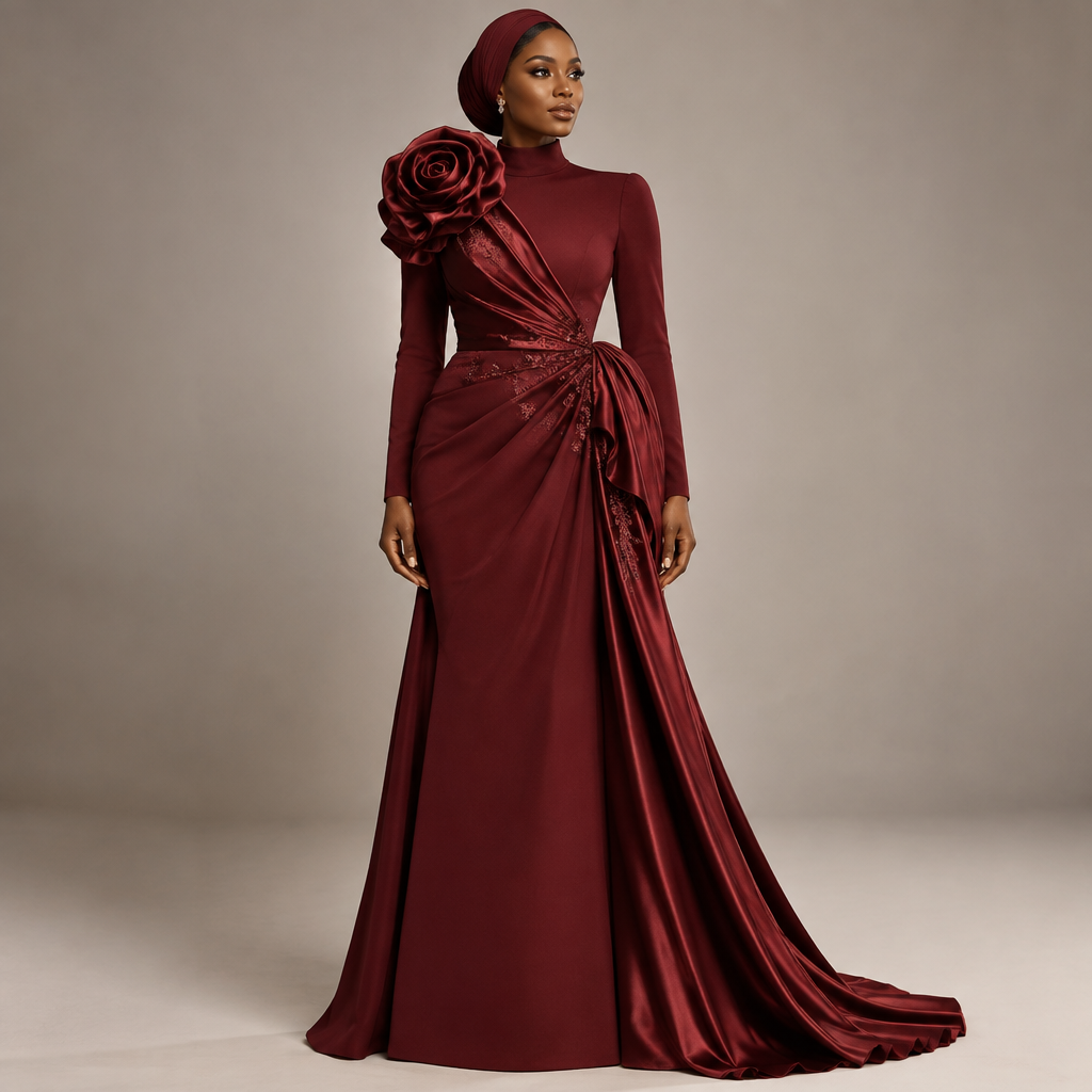 Create an original high-fashion modest evening gown called “Rose.”
Design a floor-length, elegant gown with a softly structured silhouette, long sleeves, and a high neckline. The main feature should be a dramatic three-dimensional rose-inspired fabric arrangement starting at one shoulder and flowing diagonally across the bodice and waist, becoming softer and more delicate as it reaches the hip.
Use luxurious deep wine-red satin combined with soft matte crepe for contrast. Add very subtle rose-toned embroidery along parts of the sculptural detail.
The gown should feel feminine, sophisticated, expensive, and unique, with a modern African luxury-fashion influence. Keep it fully modest: no slit, no transparency, no exposed midriff, and no deep neckline.
Make the construction realistic and wearable, not costume-like. Show the entire garment in a professional couture fashion presentation, full-body view, clean studio background, elegant lighting, highly detailed fabric texture and stitching. No text, no logos, no watermark.
photorealistic fashion design, Create an original high-fashion modest evening gown called “Rose.”
Design a floor-length, elegant gown with a softly structured silhouette, long sleeves, and a high neckline. The main feature should be a dramatic three-dimensional rose-inspired fabric arrangement starting at one shoulder and flowing diagonally across the bodice and waist, becoming softer and more delicate as it reaches the hip.
Use luxurious deep wine-red satin combined with soft matte crepe for contrast. Add very subtle rose-toned embroidery along parts of the sculptural detail.
The gown should feel feminine, sophisticated, expensive, and unique, with a modern African luxury-fashion influence. Keep it fully modest: no slit, no transparency, no exposed midriff, and no deep neckline.
Make the construction realistic and wearable, not costume-like. Show the entire garment in a professional couture fashion presentation, full-body view, clean studio background, elegant lighting, highly detailed fabric texture and stitching. No text, no logos, no watermark., just the design no text