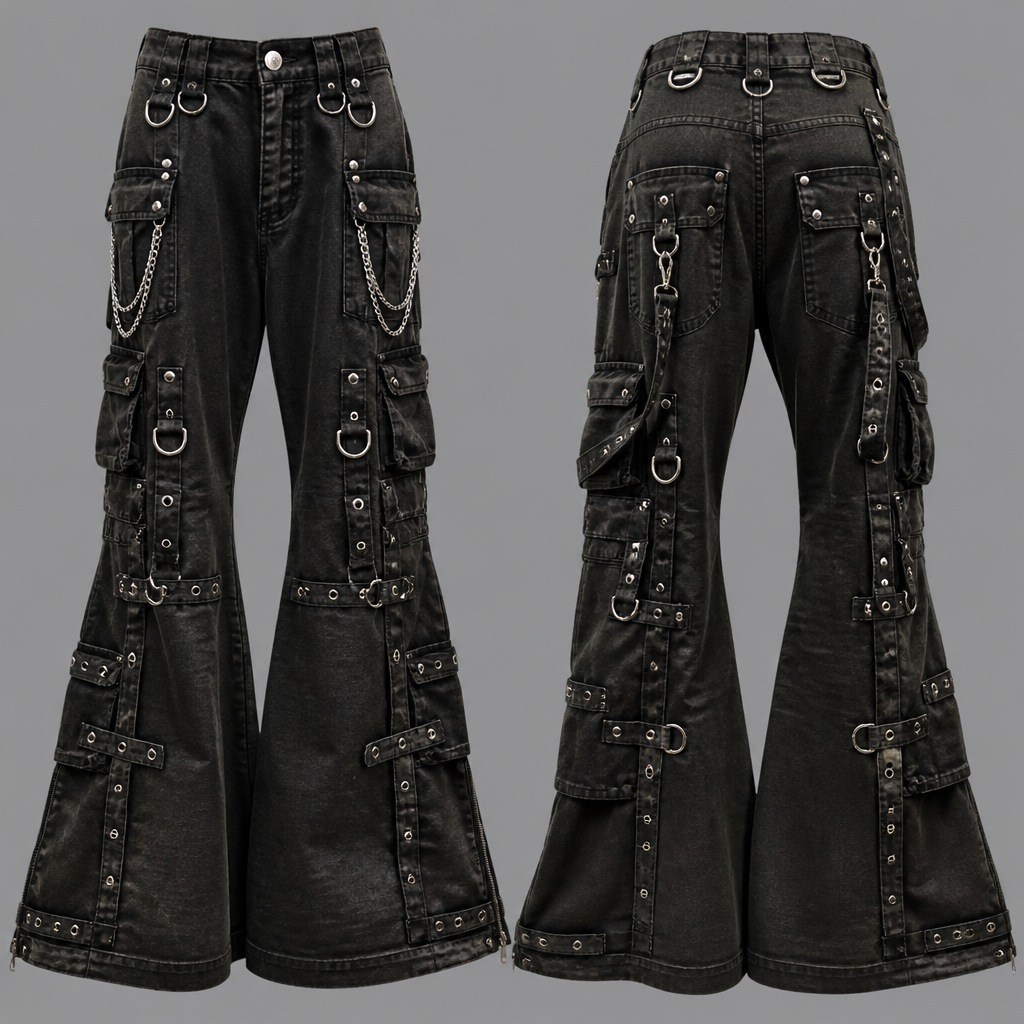 A Unisex Pants design, in Y2K style. collection showcases statement-making, industrial, and goth-inspired clothing. The designs rely heavily on dramatic silhouettes, like baggy cargo and extreme bell-bottoms, and intricate construction with multiple pockets and panels. A key feature is the extensive use of functional metal hardware, including D-rings, buckle straps, chains, grommets, studs, and locks, to achieve a rebellious and utilitarian look. with cargos d ring
photorealistic fashion design, A Unisex Pants design, in Y2K style. collection showcases statement-making, industrial, and goth-inspired clothing. The designs rely heavily on dramatic silhouettes, like baggy cargo and extreme bell-bottoms, and intricate construction with multiple pockets and panels. A key feature is the extensive use of functional metal hardware, including D-rings, buckle straps, chains, grommets, studs, and locks, to achieve a rebellious and utilitarian look. with cargos d ring, y2k style, just the design no text