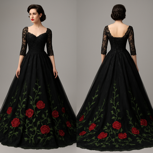 Long train lace Black wedding dress with embroidered green vines and red roses at the bottom. Corset back with three quarter lace sleeves