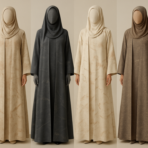 Create a modest two-piece linen abaya, the first of its kind, featuring a unique stone design that exudes a classy and sophisticated vibe. I’d like four designs, each showcasing different styles and fabrics. Incorporate high-end, unique chic stone designs to make them truly special. Add little sophisticated stone designs.