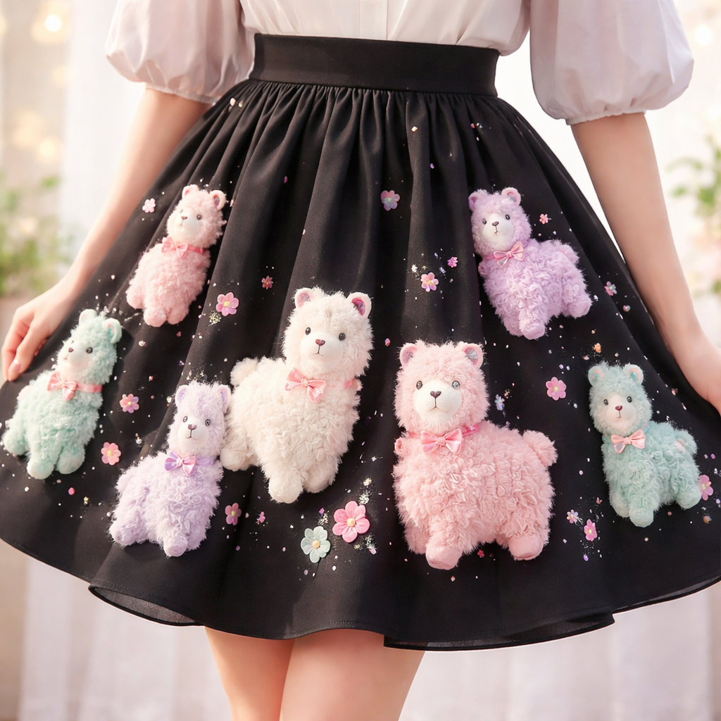 just above the knee length black cotton skirt with cute pastel cartoon fluffy 3d textured alpacas
Romantic fashion design: A-line, just above the-knee black cotton skirt with pastel cartoon fluffy 3D textured alpacas. Soft pleats at the waist create a gentle, full shape.