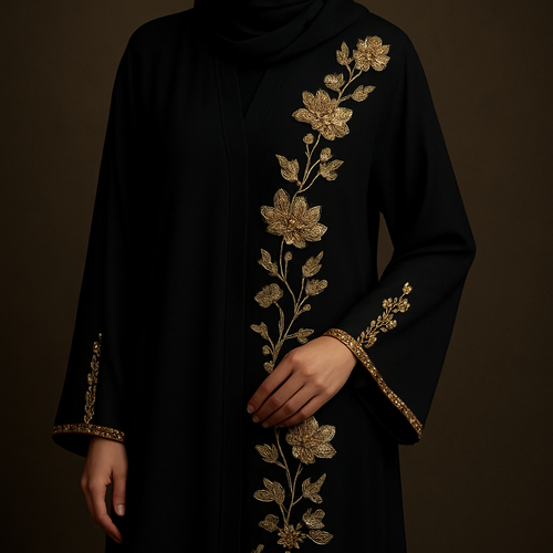 The Golden Noir Couture Abaya
Tone: Black with muted gold
Design:
Couture gold-thread floral embroidery climbing up the sides of the abaya.
Embellishment:
Rich champagne stones highlighting the flowers and outlining the sleeves.
Vibe:
High-end, sophisticated, luxury statement.