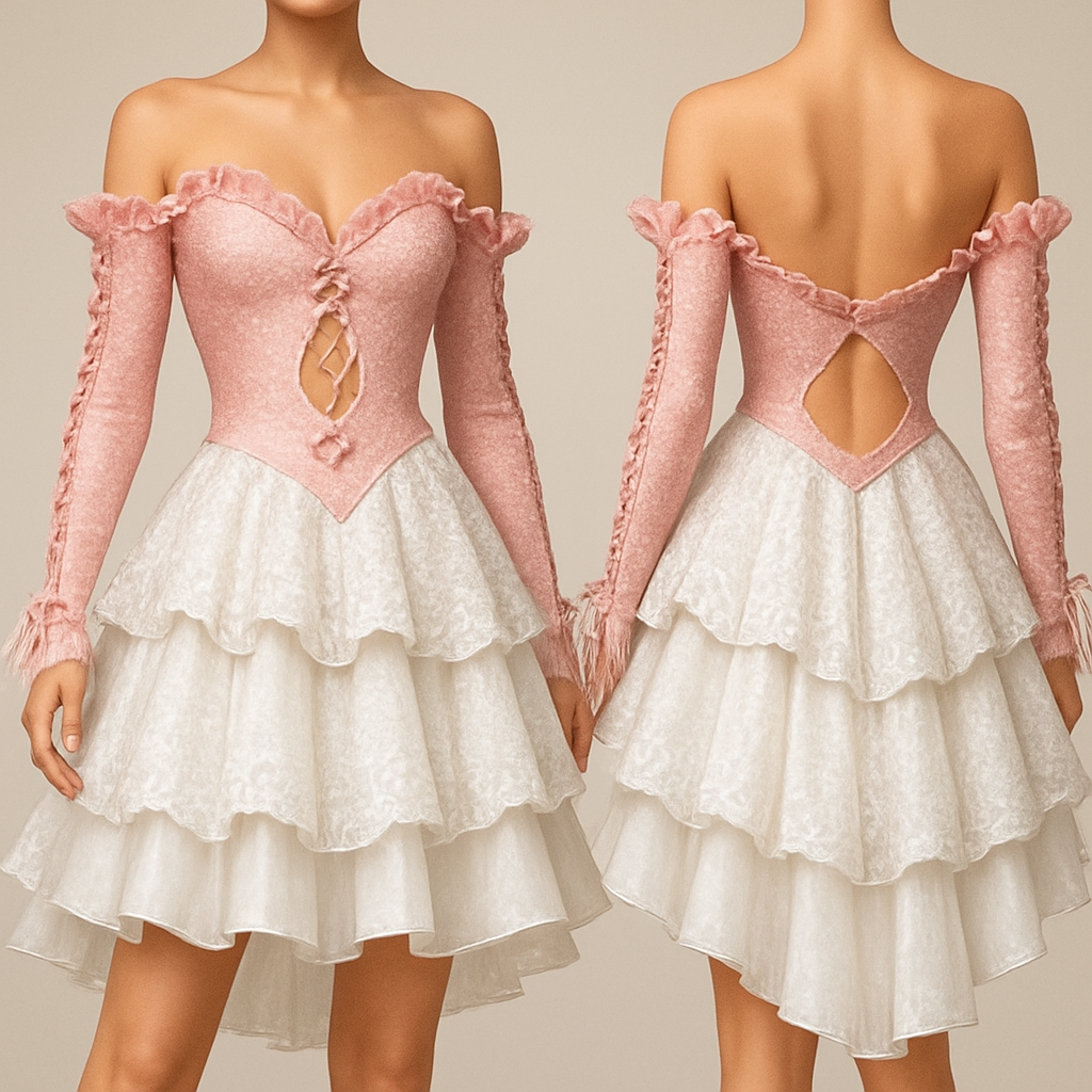 Slim soft glittery soft pink bodice with a small cut through the middle laced up and a flower just below connecting lace and a layered skirt. The skirt is white with a silk below layer, a soft fabric second layer and a lace top layer. Ruffled top edges and ruffled off the shoulder sleeves laced down to the wrists. Cut out sides
Slim soft glittery soft pink bodice with a small cut through the middle laced up and a flower just below connecting lace and a layered skirt. The skirt is white with a silk below layer, a soft fabric second layer and a lace top layer. Ruffled top edges and ruffled off the shoulder sleeves laced down to the wrists. Cut out sides
, glamorous style, show front and back