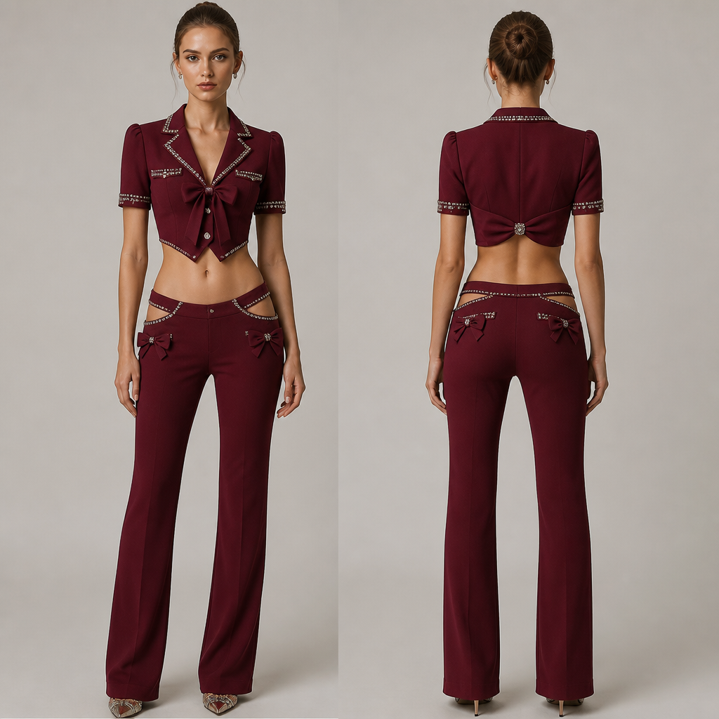 Preppy classy burgundy set powersuit and rhinestones colored details. half sleeve. Low rise. Bow details. Cutouts
photorealistic fashion design, Preppy classy burgundy set powersuit and rhinestones colored details. half sleeve. Low rise. Bow details. Cutouts, feminincore style, just the design no text, show front and back
