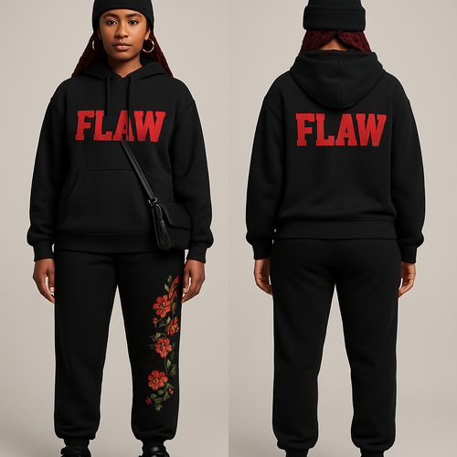 Black jogging suit hoodie with bold words Flaw in abbreviation on it in red braids gold hoop earrings and gold bracelet flowers one sleeve and pants Black cross body purse and black nike shoes a black beanie saying Flaw in red