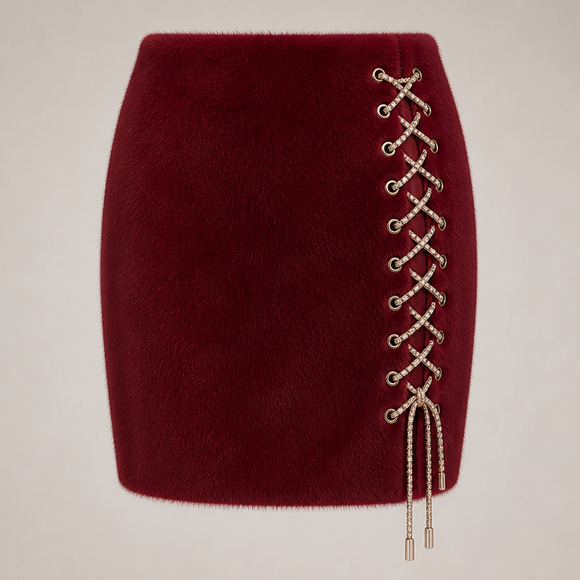 Make a matching mink skirt lace up the right side of the skirt with rhinestones laces and laces
edit the attached fashion design with these instructions: Make a matching mink skirt lace up the right side of the skirt with rhinestones laces and laces. keep it photorealistic, just the design no text