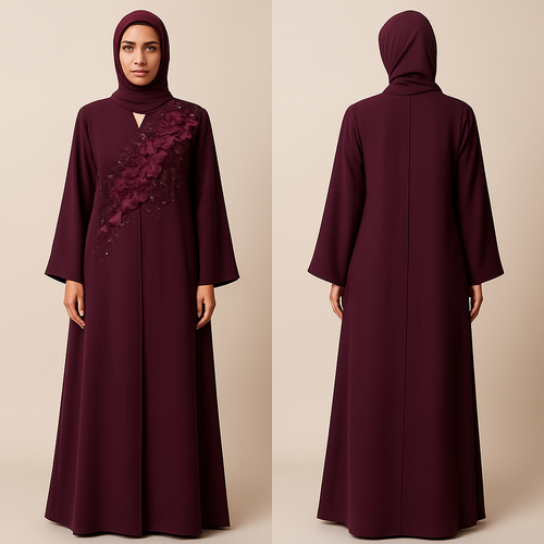 The Half-Bloom Couture Abaya
Tone: Wine / Plum Design: One side of the chest beautifully covered with half-blooming flowers and micro stones. 