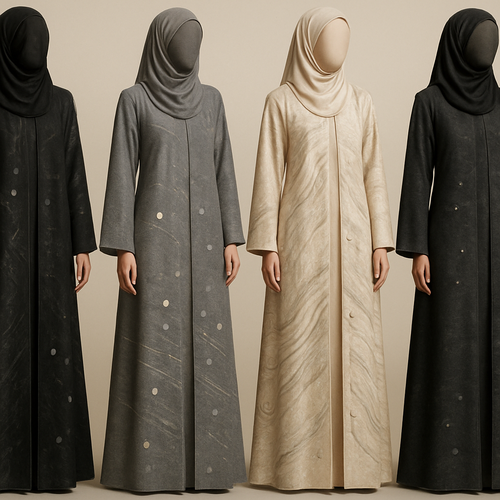 Create a modest two piece abaya, first of its kind, featuring a unique stone design that exudes a classy and sophisticated vibe. I'd like four designs, each showcasing different styles and fabrics. Incorporate high-end, unique chic stone designs to make them truly special. Add little sophisticated stone designs. Make it irresistible!